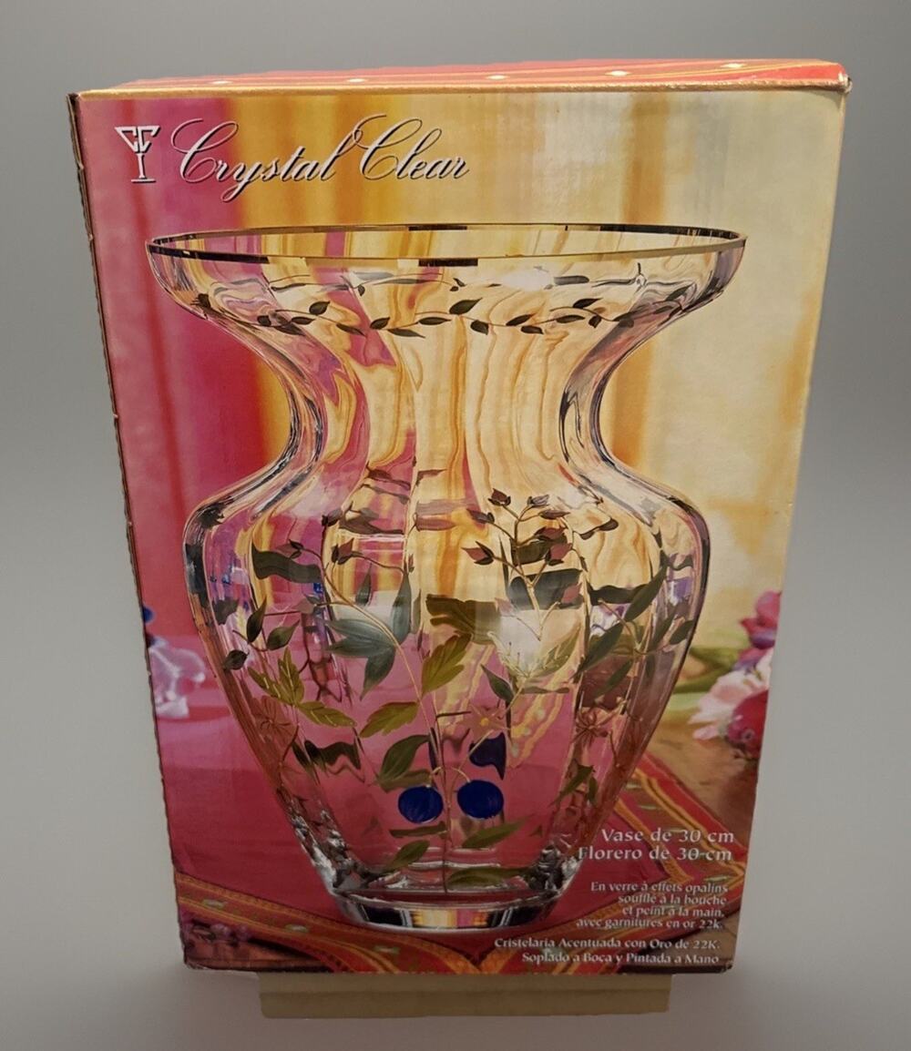 Hand Crafted XLarge Crystal Vase Mouthblown 22K Accents Optic Glass Hand Painted